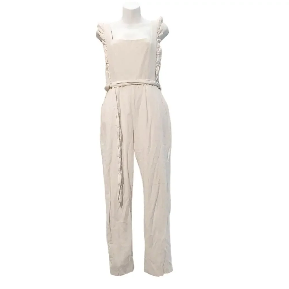 Saint + Secrets Linen Ruffle Apron Front Jumpsuit Tie Waist Soft White Womens L